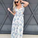 Floral Ruffle Cutout Maxi Dress In Blue - Infinity Raine