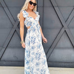 Floral Ruffle Cutout Maxi Dress In Blue - Infinity Raine