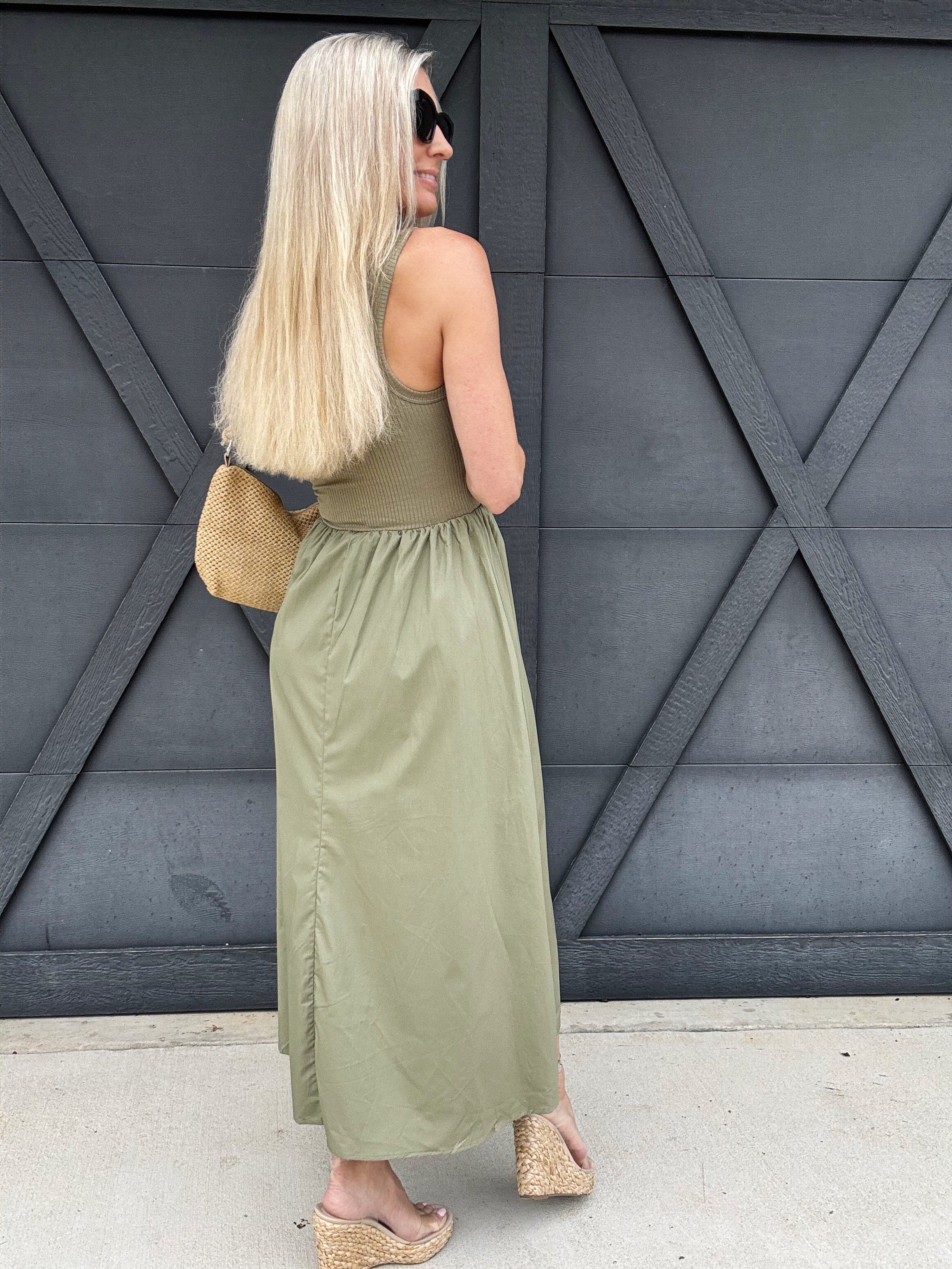 Mix Media Tank Dress In Light Olive - Infinity Raine