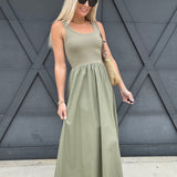 Mix Media Tank Dress In Light Olive - Infinity Raine