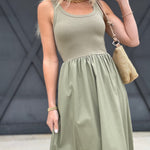 Mix Media Tank Dress In Light Olive - Infinity Raine