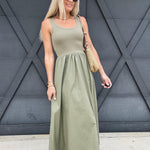 Mix Media Tank Dress In Light Olive - Infinity Raine