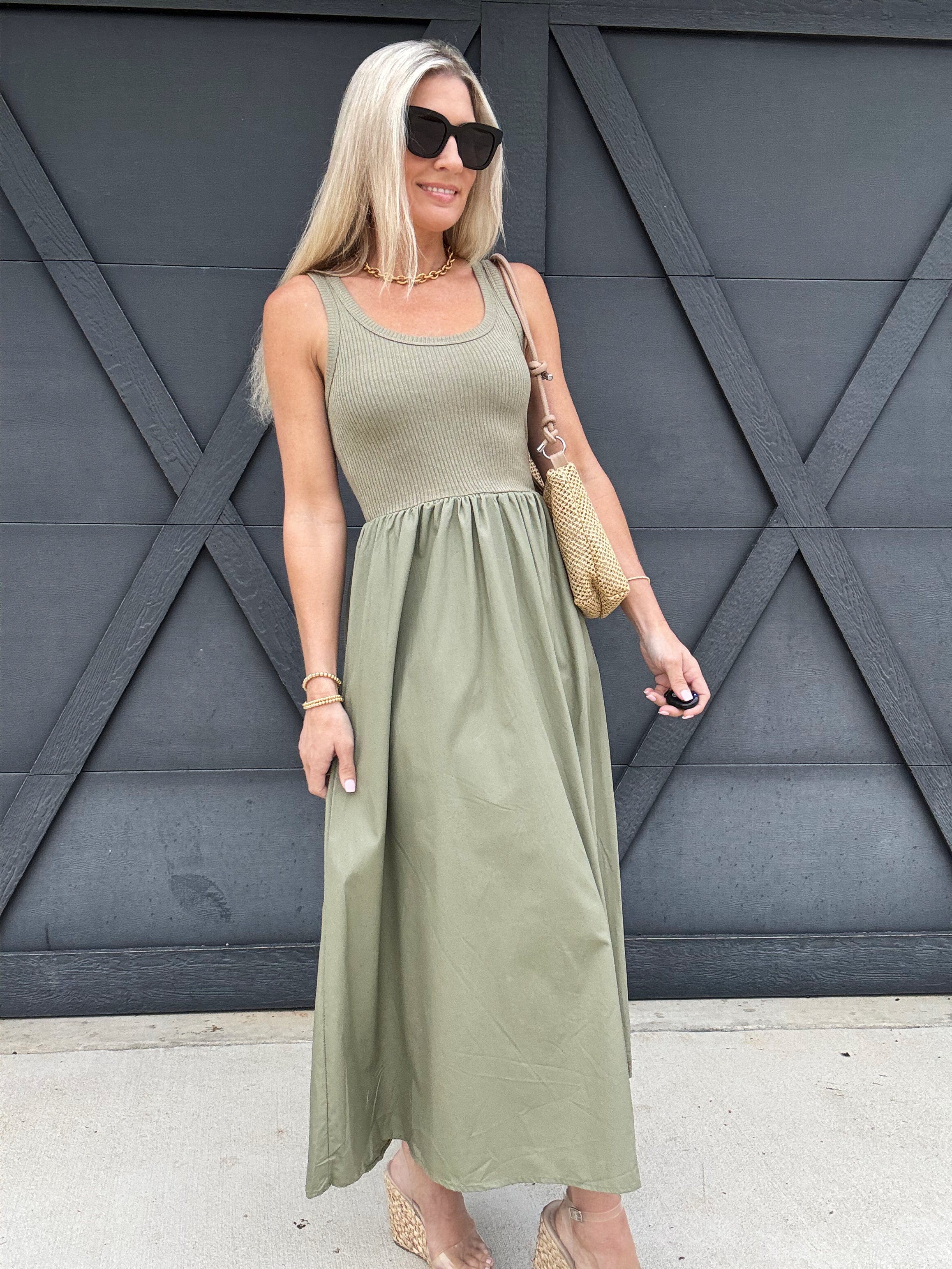 blu pepper Dresses Mix Media Tank Dress In Light Olive