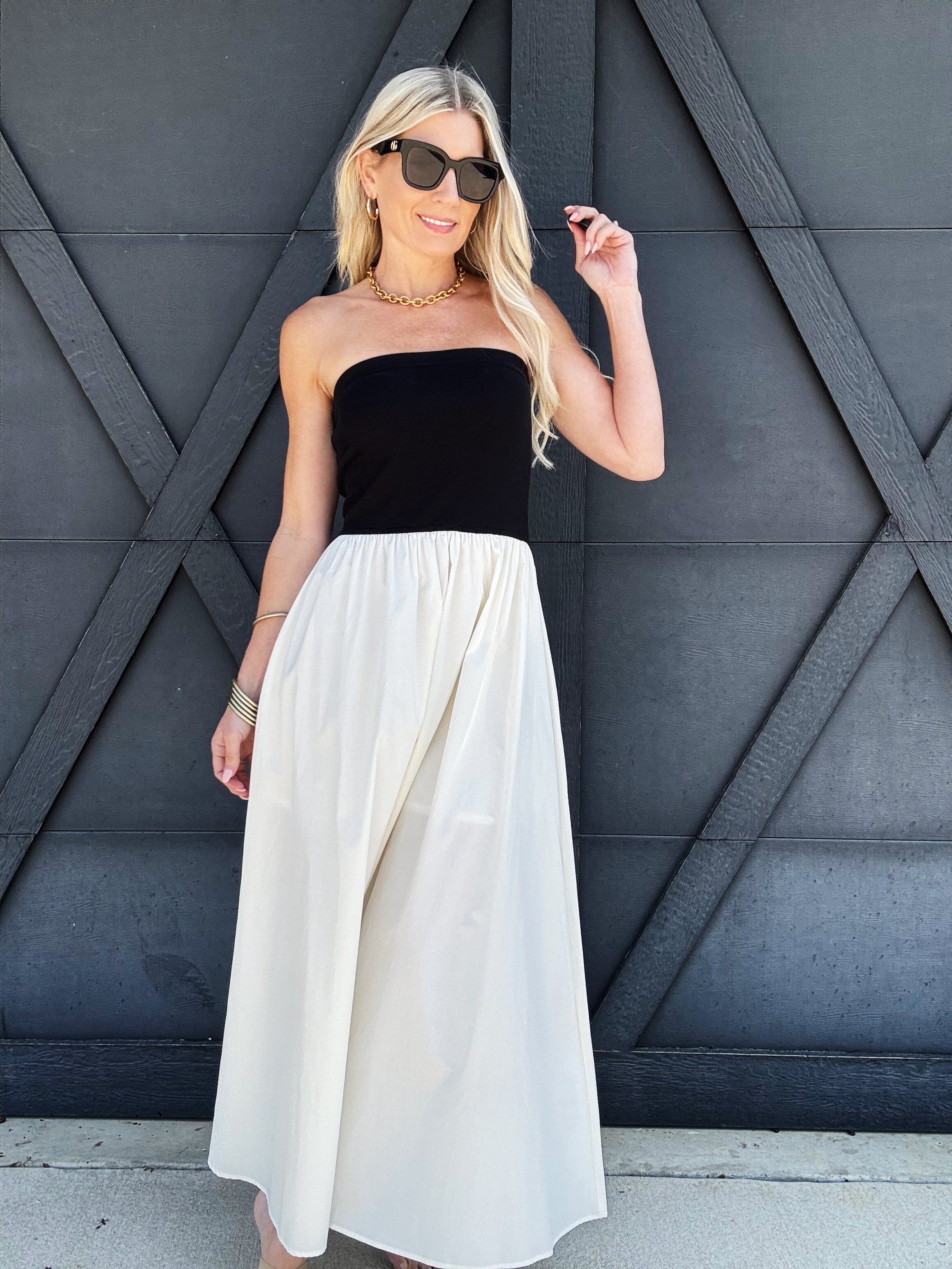 Mixed Media Strapless Maxi Dress In Black - Infinity Raine
