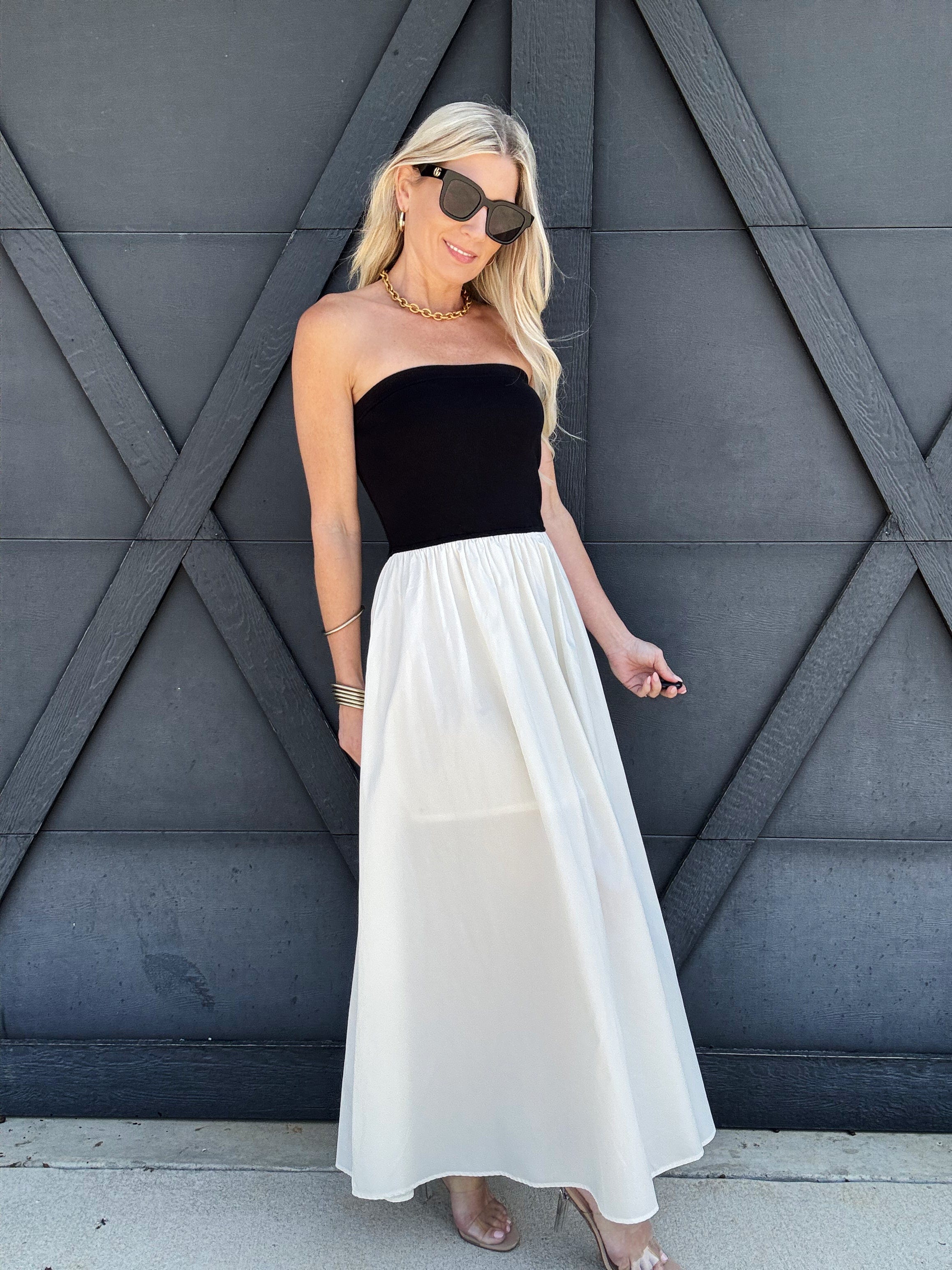 Mixed Media Strapless Maxi Dress In Black - Infinity Raine