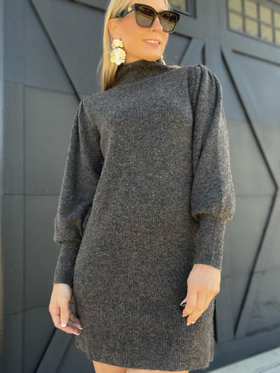 Mock Neck Knit Sweater Dress-Charcoal - Infinity Raine