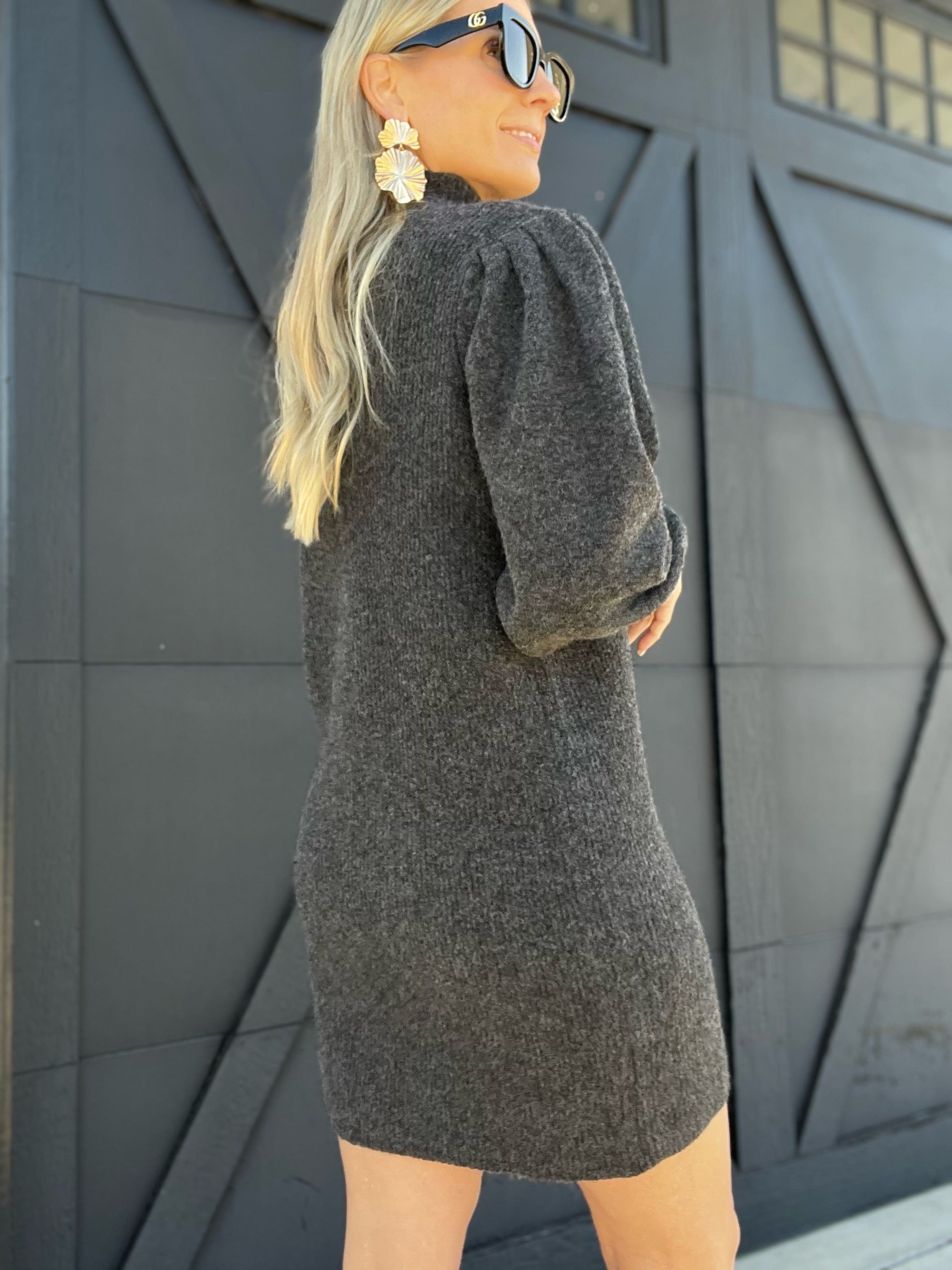 Mock Neck Knit Sweater Dress-Charcoal - Infinity Raine