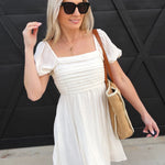 blu pepper Dresses Pleated Bodice Short Puff Sleeve Mini Dress In White