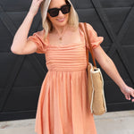 blu pepper Dresses Pleated Bodice Short Puff Sleeve Mini Dress Light Apricot