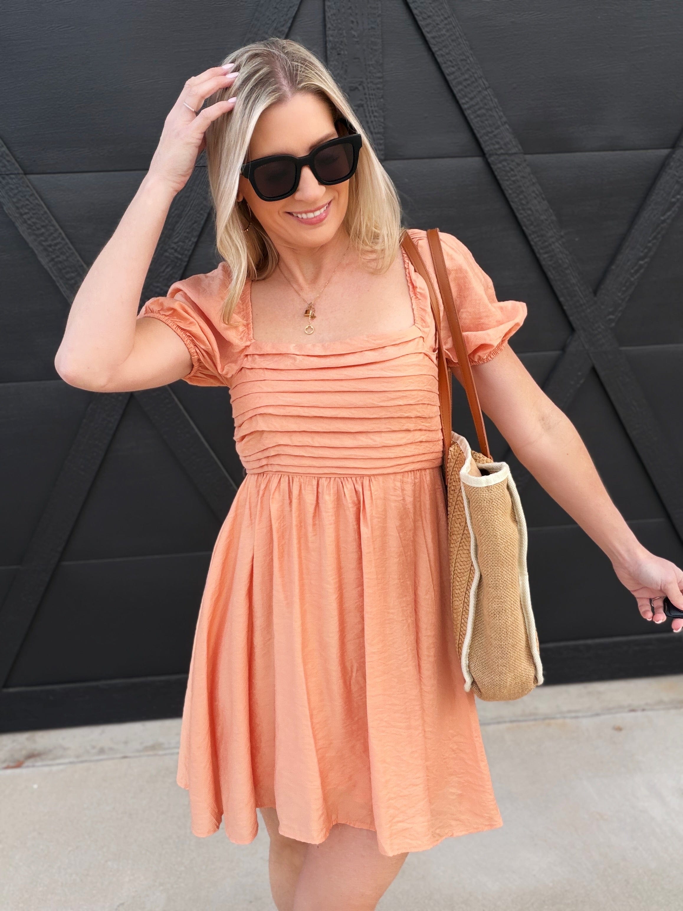 blu pepper Dresses Pleated Bodice Short Puff Sleeve Mini Dress Light Apricot