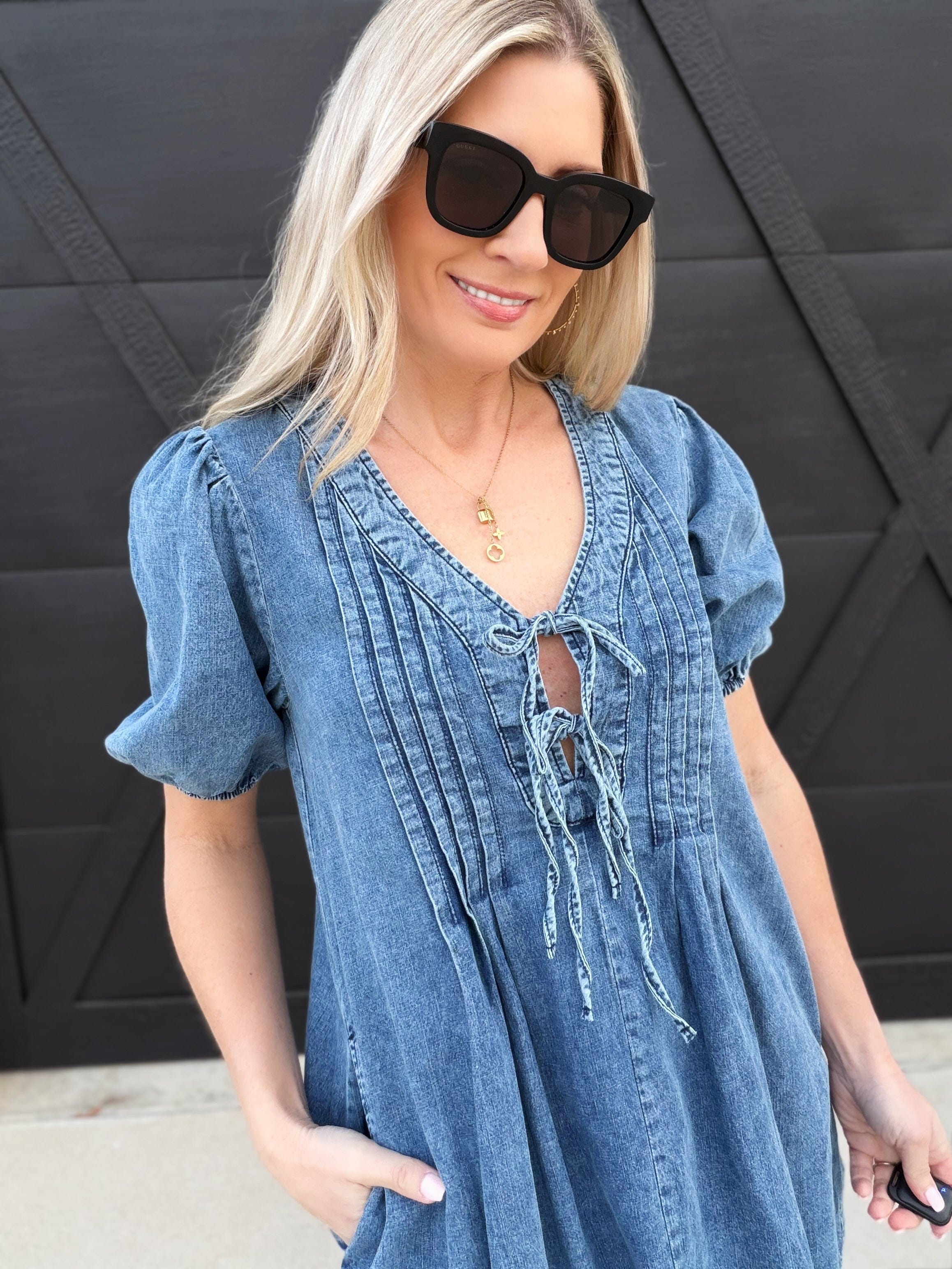 blu pepper Dresses Pleated Front Tie Puff Sleeve Mini Dress In Denim