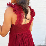 blu pepper Dresses Polka Dot Tulle Ruffle Detail Tiered Midi Dress In Burgundy