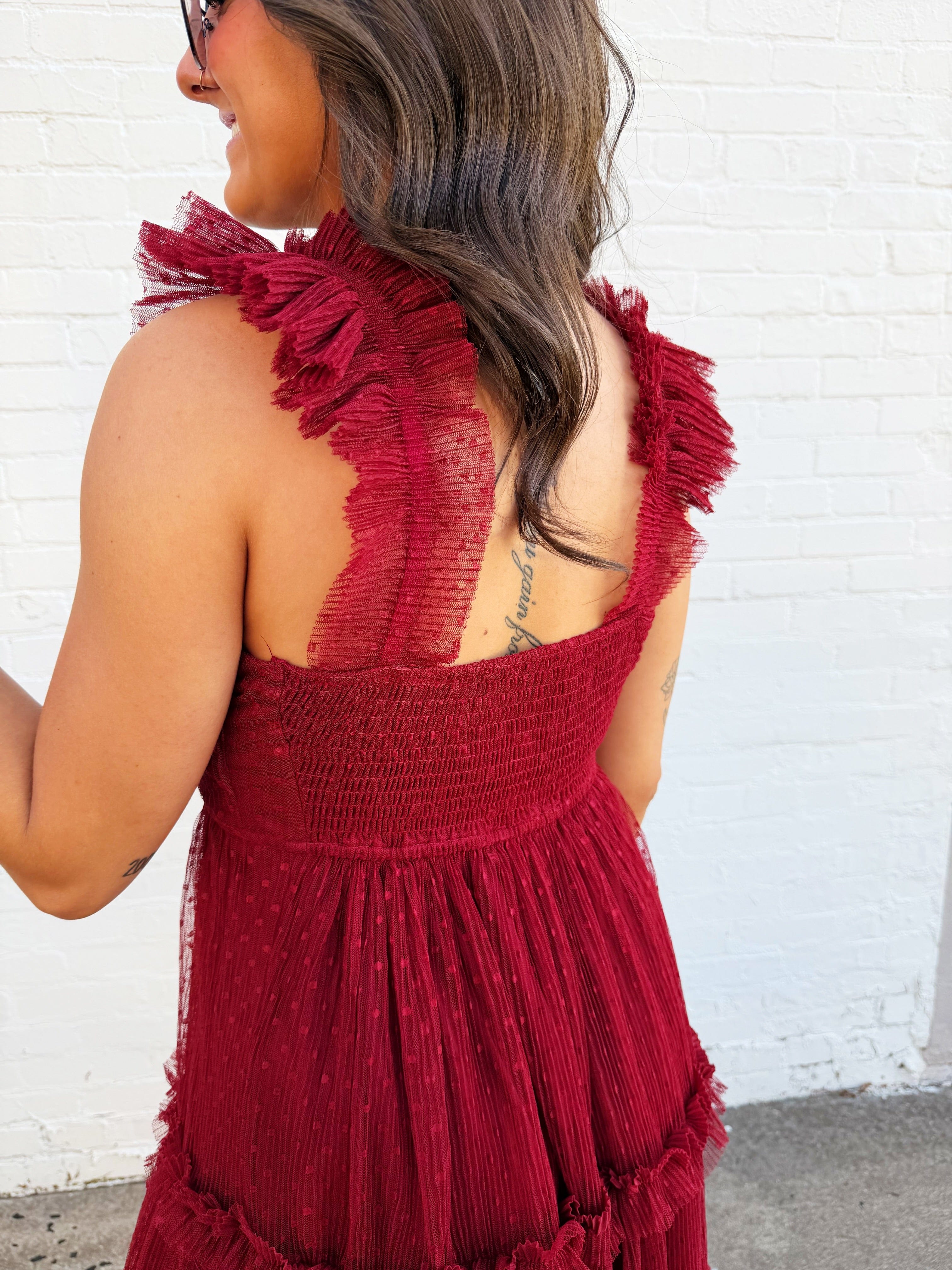 blu pepper Dresses Polka Dot Tulle Ruffle Detail Tiered Midi Dress In Burgundy