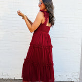 blu pepper Dresses Polka Dot Tulle Ruffle Detail Tiered Midi Dress In Burgundy