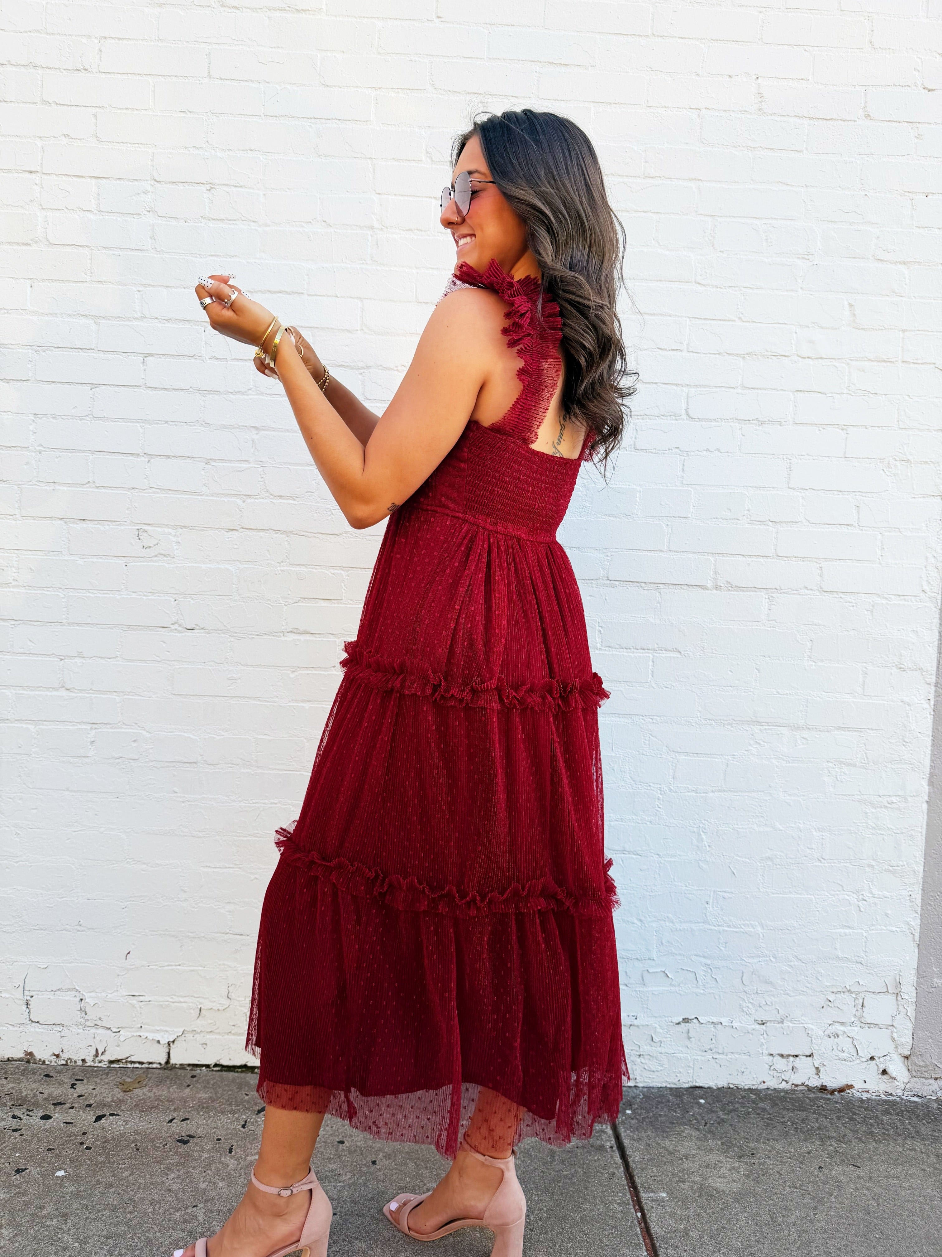 blu pepper Dresses Polka Dot Tulle Ruffle Detail Tiered Midi Dress In Burgundy