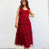 blu pepper Dresses Polka Dot Tulle Ruffle Detail Tiered Midi Dress In Burgundy