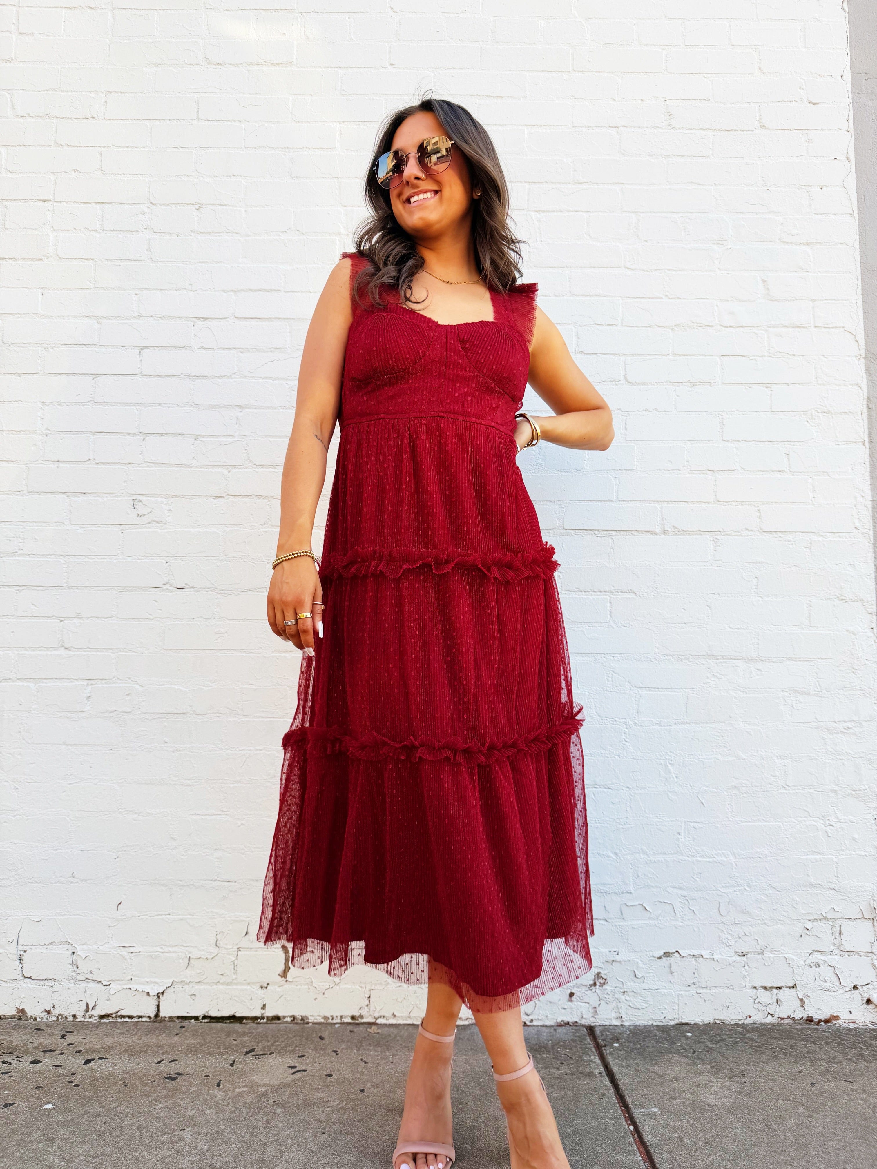 blu pepper Dresses Polka Dot Tulle Ruffle Detail Tiered Midi Dress In Burgundy