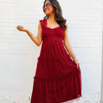 blu pepper Dresses Polka Dot Tulle Ruffle Detail Tiered Midi Dress In Burgundy