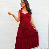 blu pepper Dresses Polka Dot Tulle Ruffle Detail Tiered Midi Dress In Burgundy