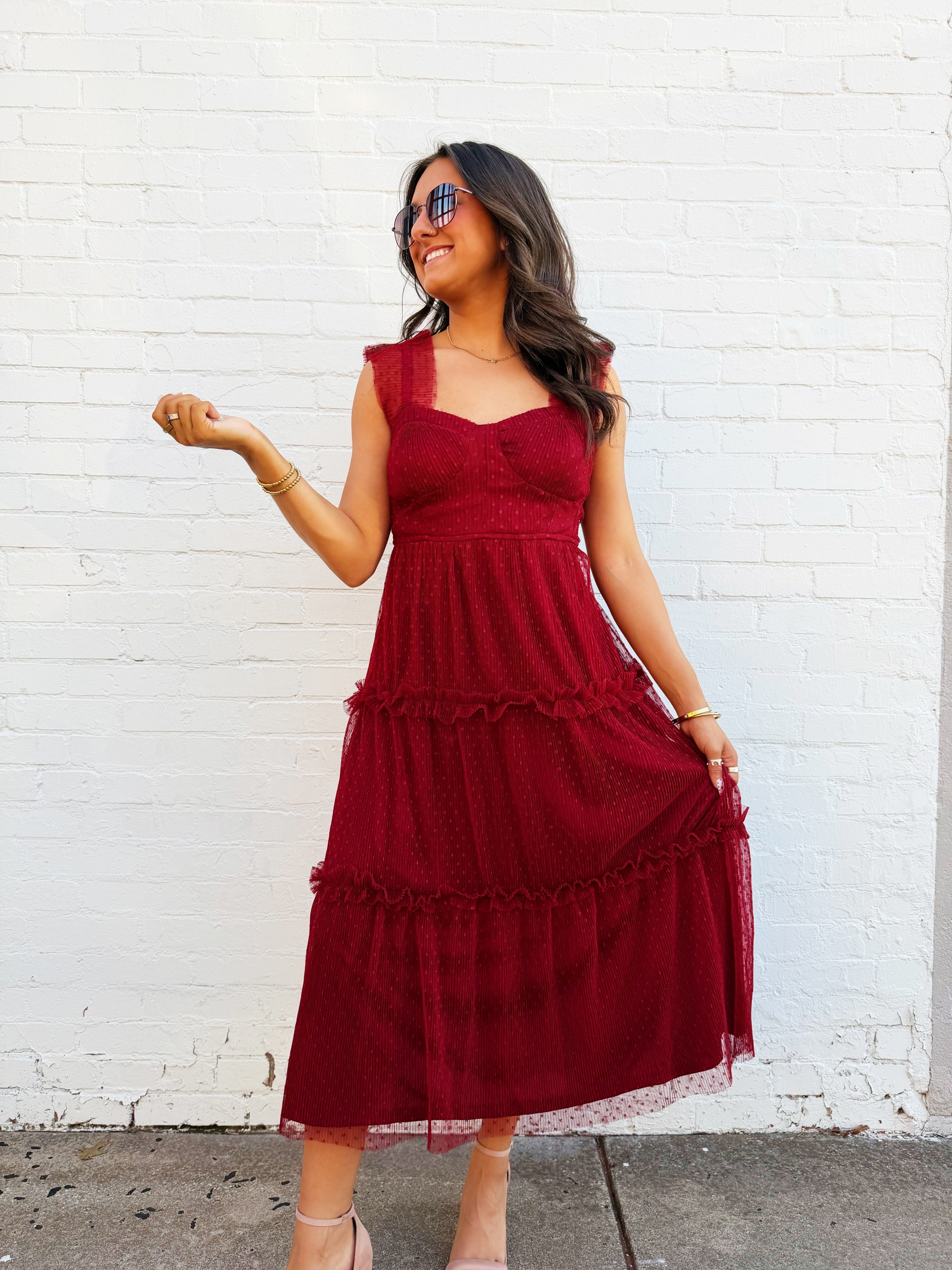 blu pepper Dresses Polka Dot Tulle Ruffle Detail Tiered Midi Dress In Burgundy
