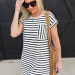 blu pepper Dresses Scrunch Knit Stripped Pocket Dress In Black