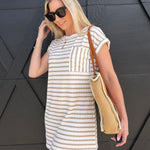 blu pepper Dresses Scrunch Knit Stripped Pocket Dress In Khaki
