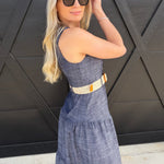 blu pepper DRESSES Split Neck Tiered Denim Dress In Navy
