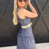 blu pepper DRESSES Split Neck Tiered Denim Dress In Navy