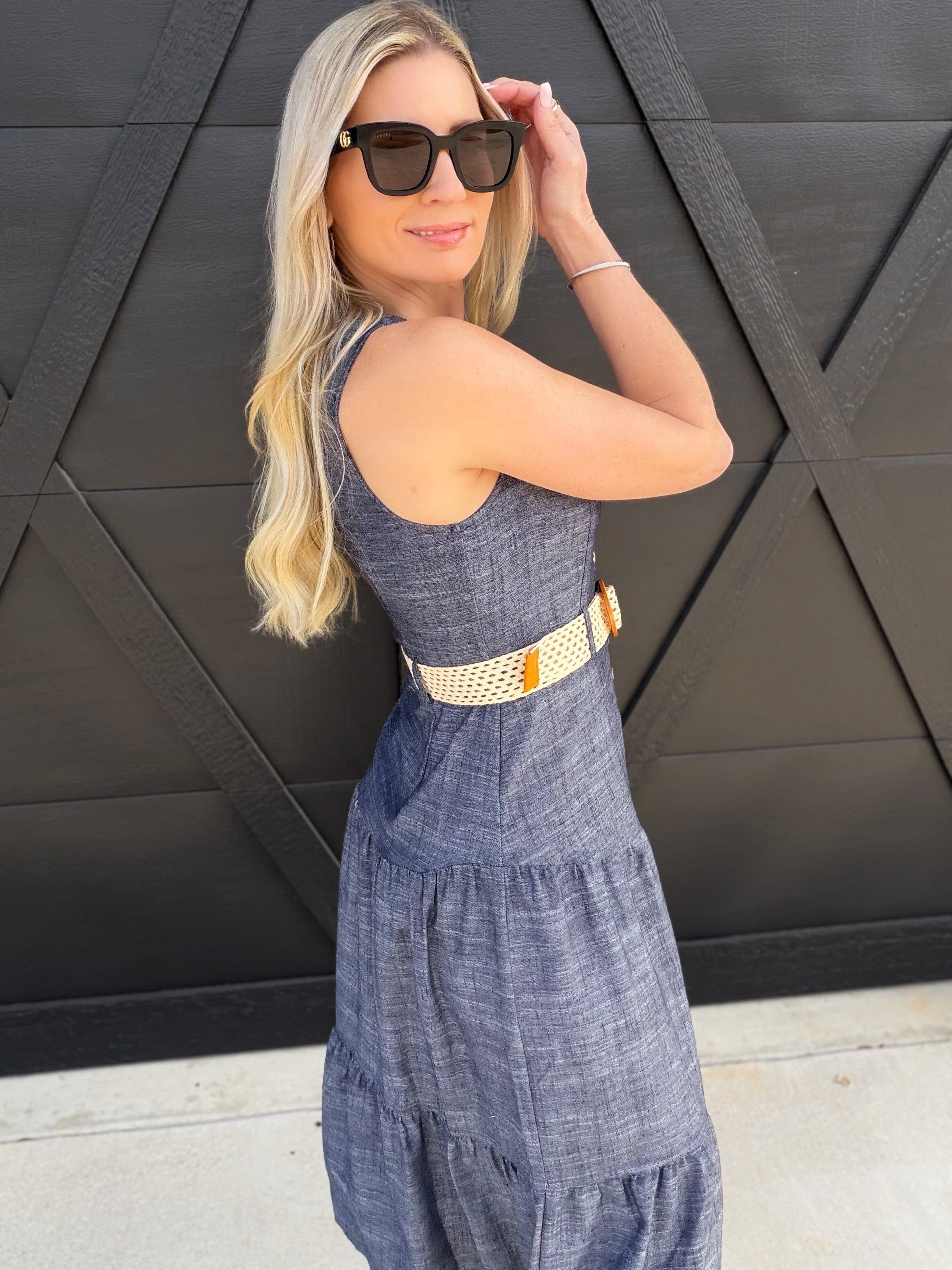 blu pepper DRESSES Split Neck Tiered Denim Dress In Navy