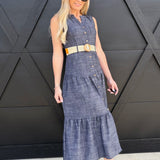 blu pepper DRESSES Split Neck Tiered Denim Dress In Navy