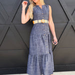 blu pepper DRESSES Split Neck Tiered Denim Dress In Navy