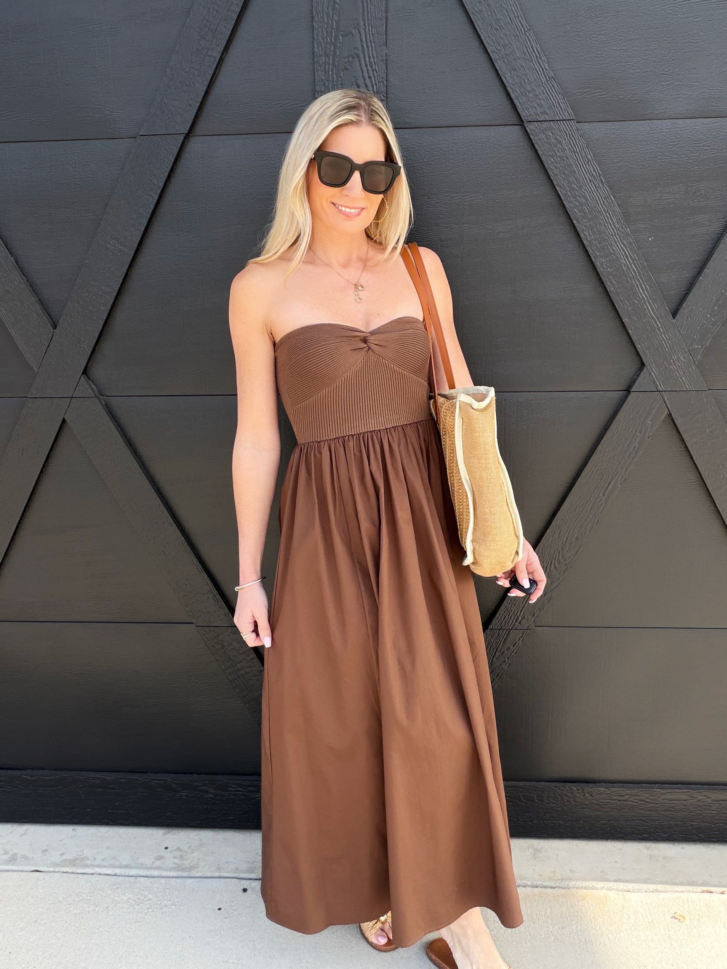 blu pepper DRESSES Strapless Front Twist Midi Dress In Brown