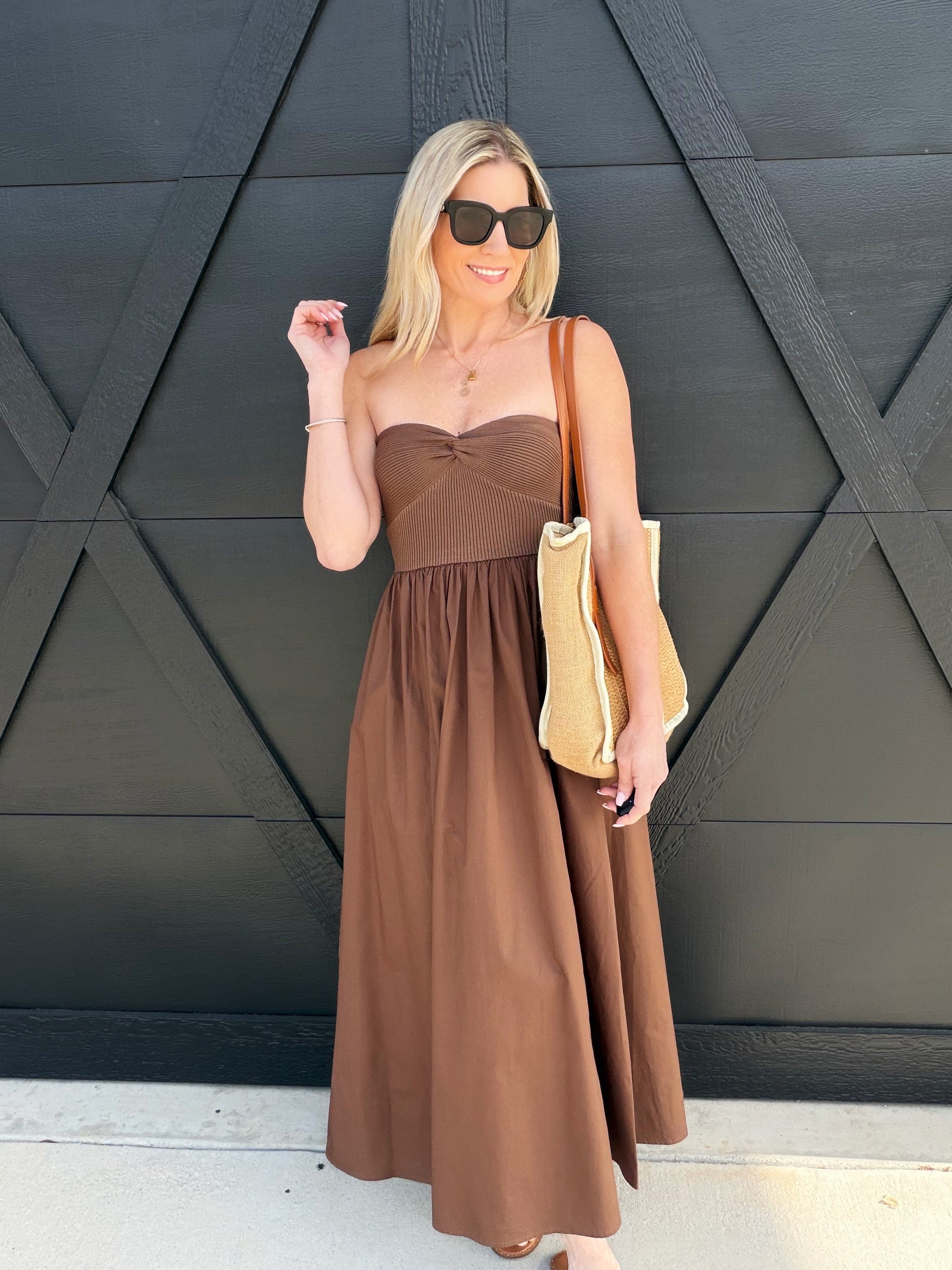 blu pepper DRESSES Strapless Front Twist Midi Dress In Brown