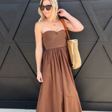 blu pepper DRESSES Strapless Front Twist Midi Dress In Brown