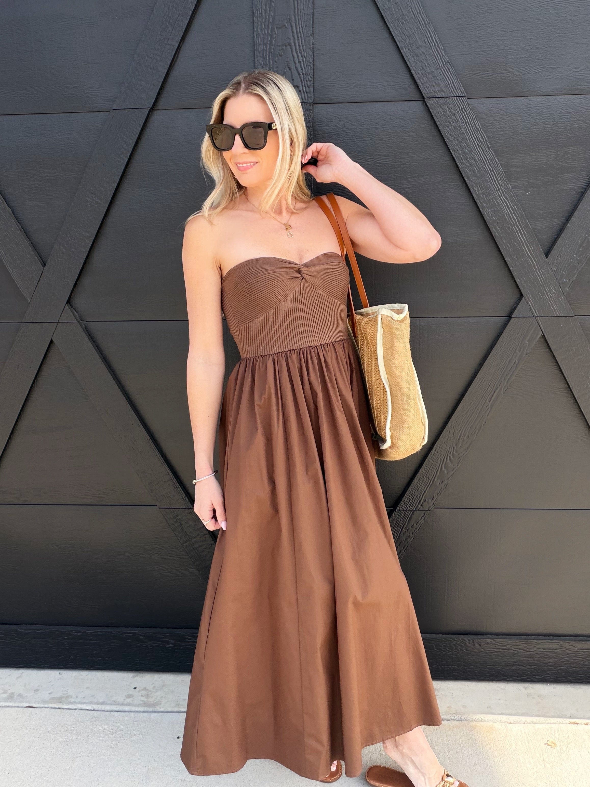 blu pepper DRESSES Strapless Front Twist Midi Dress In Brown