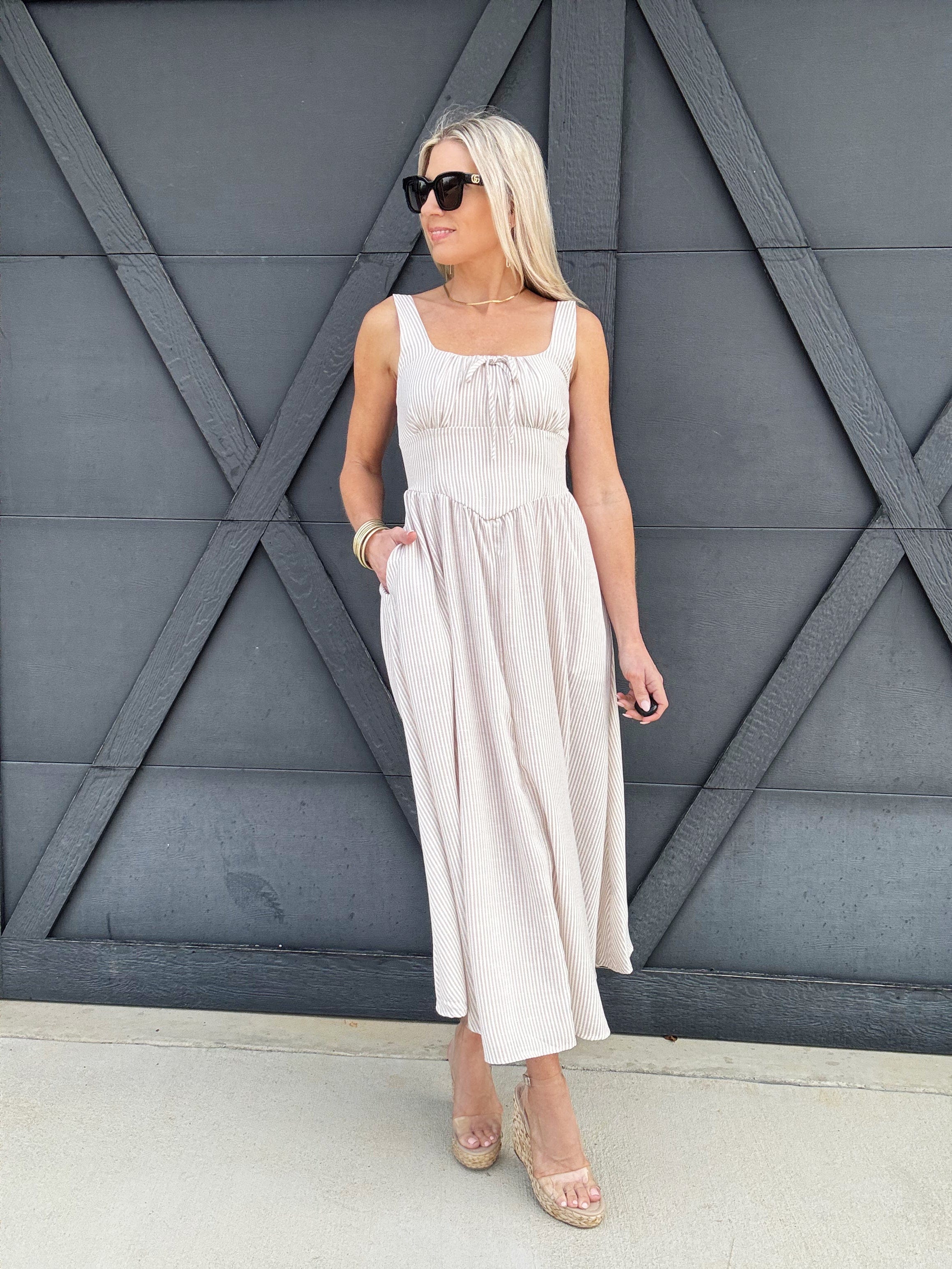 Stripe Corset Detail Midi Dress In Light Taupe - Infinity Raine