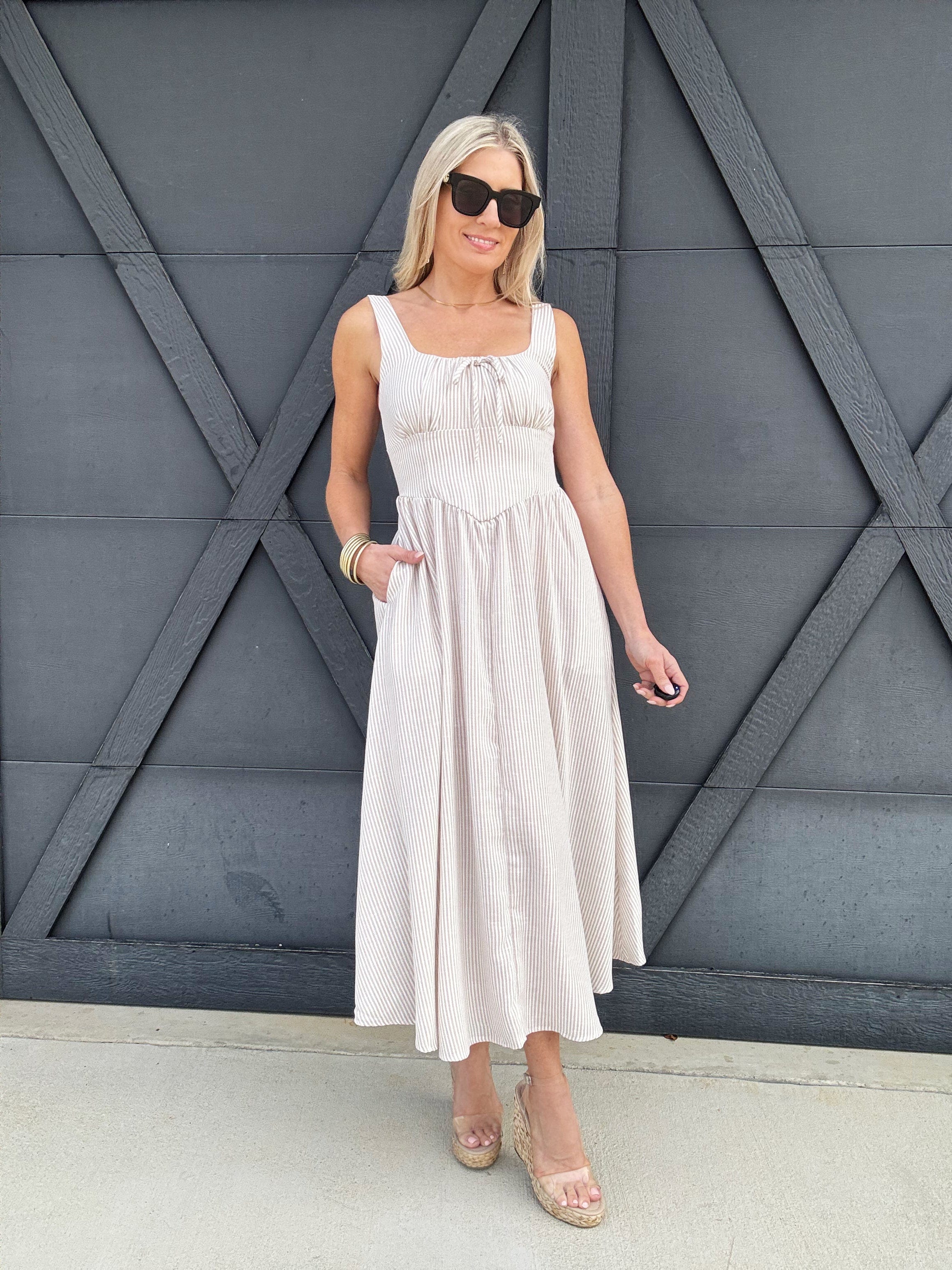 Stripe Corset Detail Midi Dress In Light Taupe - Infinity Raine