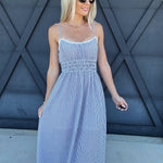 blu pepper Dresses Stripe Lace Trim Midi Dress In Blue