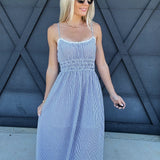 blu pepper Dresses Stripe Lace Trim Midi Dress In Blue