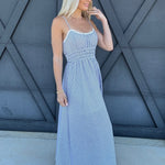 blu pepper Dresses Stripe Lace Trim Midi Dress In Blue