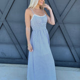 blu pepper Dresses Stripe Lace Trim Midi Dress In Blue