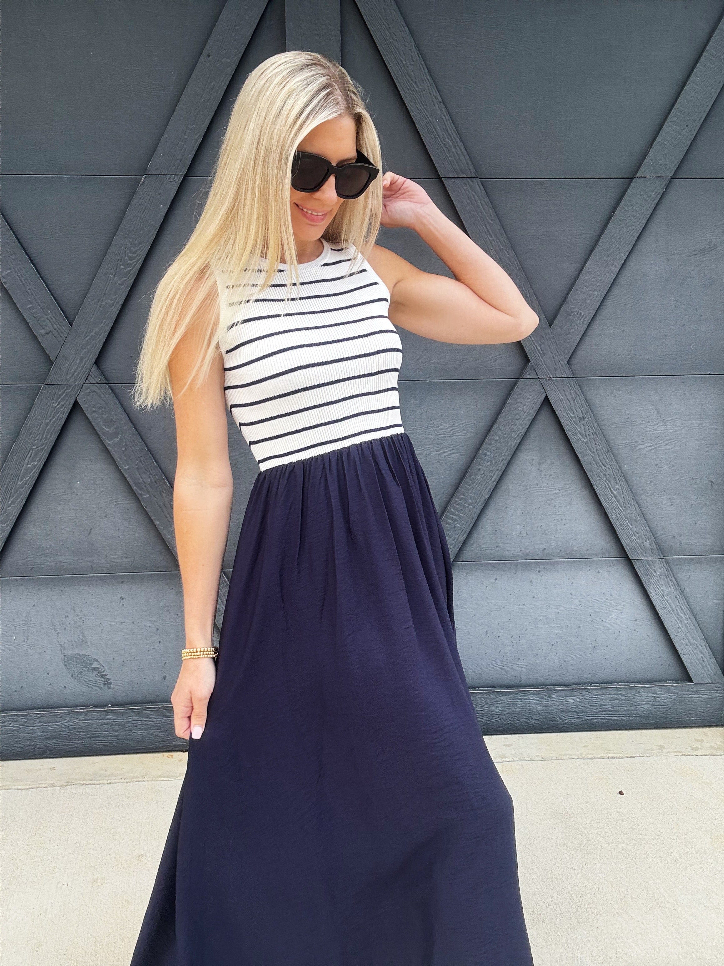 blu pepper Dresses Stripe Tank Mixed Media Midi Dress In Ivory