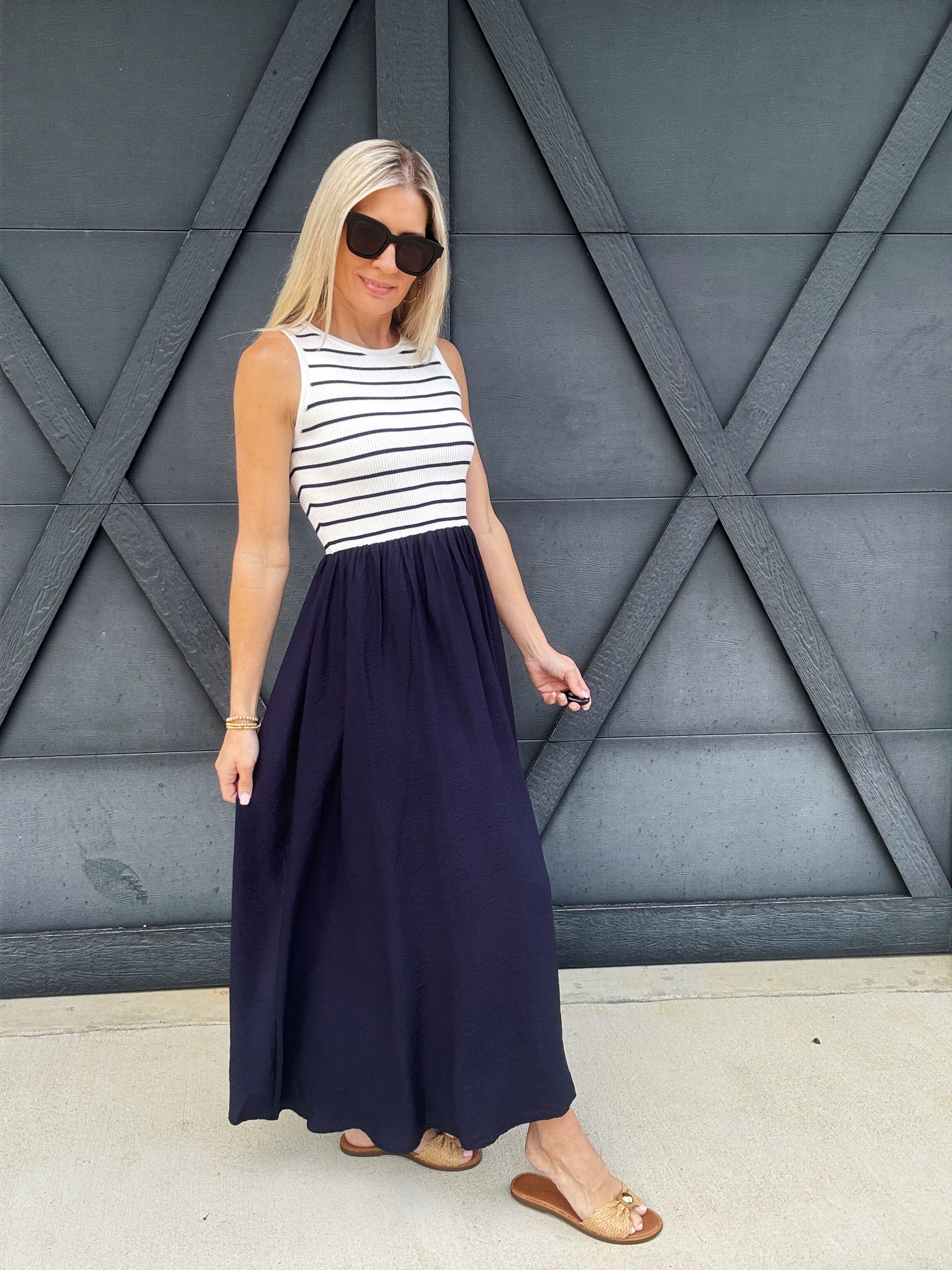 blu pepper Dresses Stripe Tank Mixed Media Midi Dress In Ivory