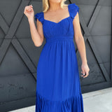 Sweetheart Shirred Midi Dress In Royal Blue - Infinity Raine