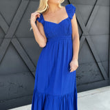 Sweetheart Shirred Midi Dress In Royal Blue - Infinity Raine
