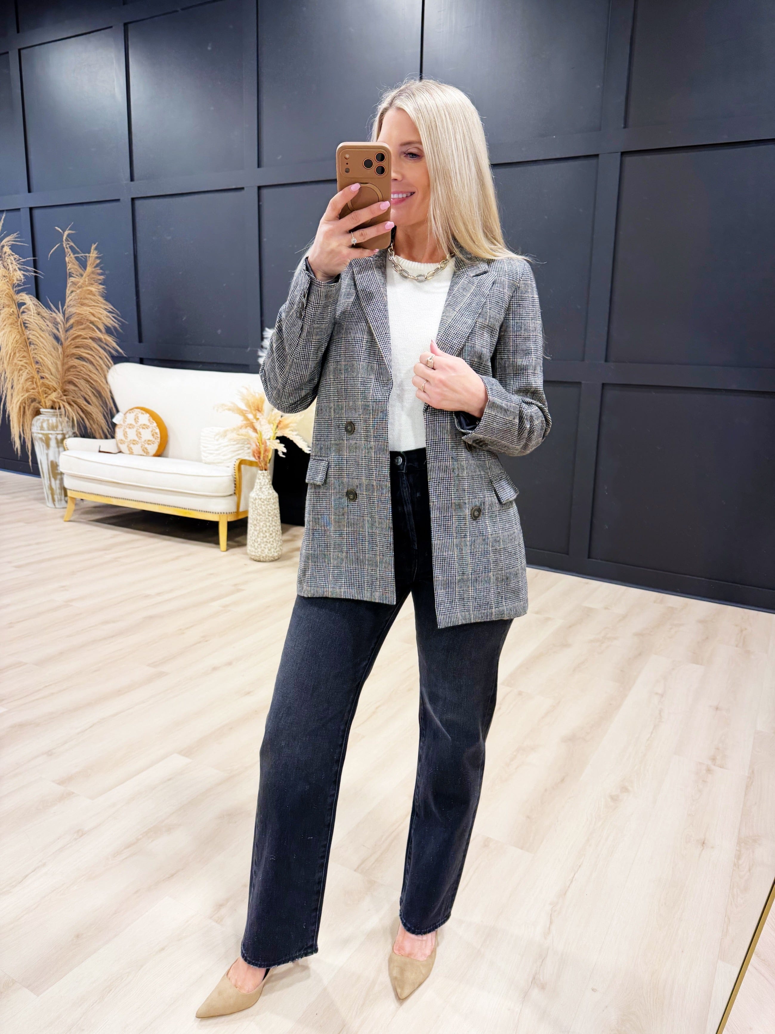 blu pepper Outerwear - Blazers Plaid Long Sleeve Front Button Blazer in Charcoal