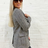 blu pepper Outerwear - Blazers Plaid Long Sleeve Front Button Blazer in Charcoal