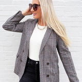 blu pepper Outerwear - Blazers Plaid Long Sleeve Front Button Blazer in Charcoal