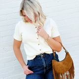 Short Sleeve Button Down Cardigan in Ivory - Infinity Raine
