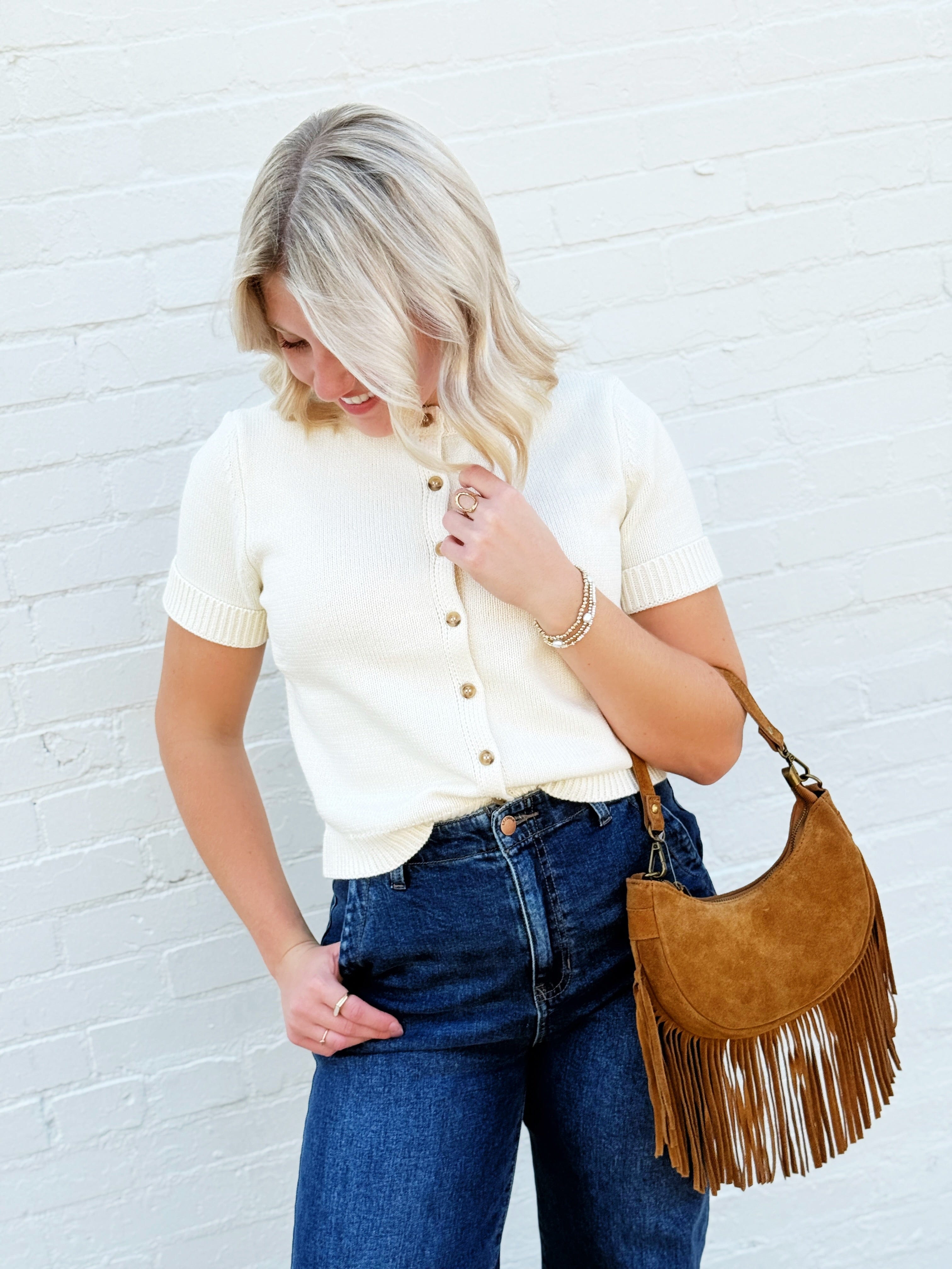 Short Sleeve Button Down Cardigan in Ivory - Infinity Raine